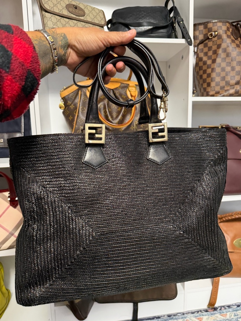 Fendi Black Woven Leather Tote with Gold F Hardware with COA